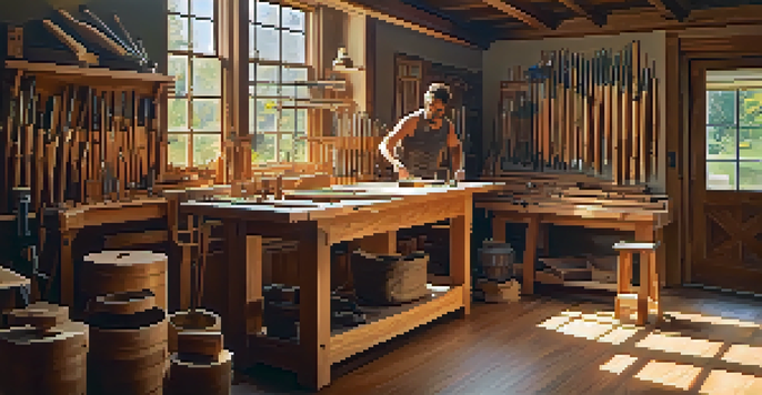A woodworker carving a sculpture in a well-lit workshop, surrounded by tools and wooden pieces.