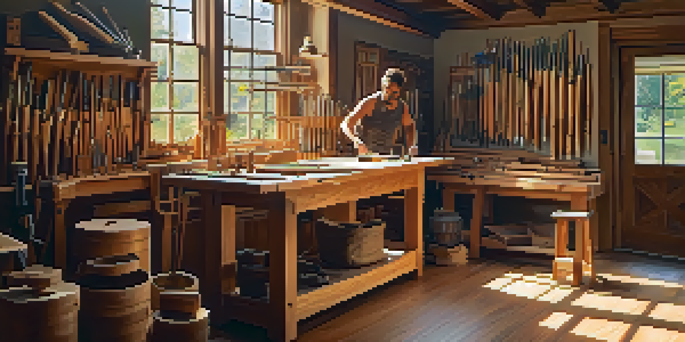 A woodworker carving a sculpture in a well-lit workshop, surrounded by tools and wooden pieces.