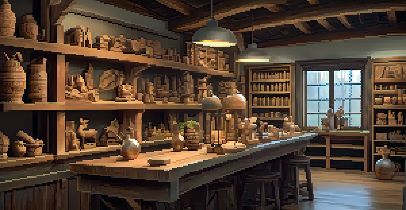 A cozy workshop with shelves displaying finished wooden carvings, illuminated by soft lighting.