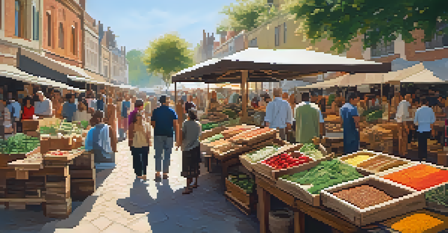 A lively outdoor market with local suppliers displaying sustainably sourced wood and stone materials, filled with people and colorful stalls under warm sunlight.