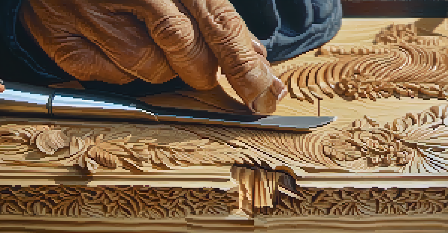 An artisan's hands carving intricate details into softwood with a knife, surrounded by wood shavings.