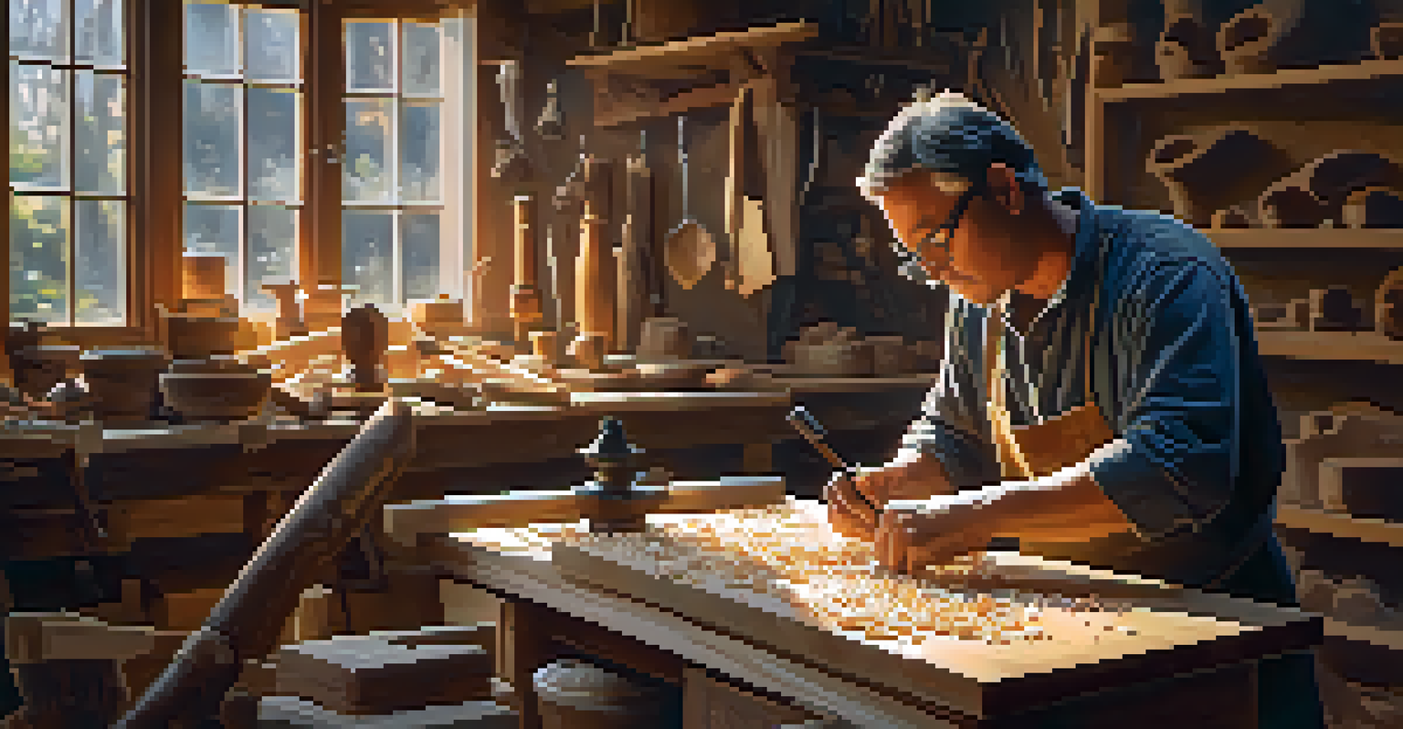 An artisan working on a wooden carving in a workshop, surrounded by tools and wood shavings, with sunlight coming through a window.