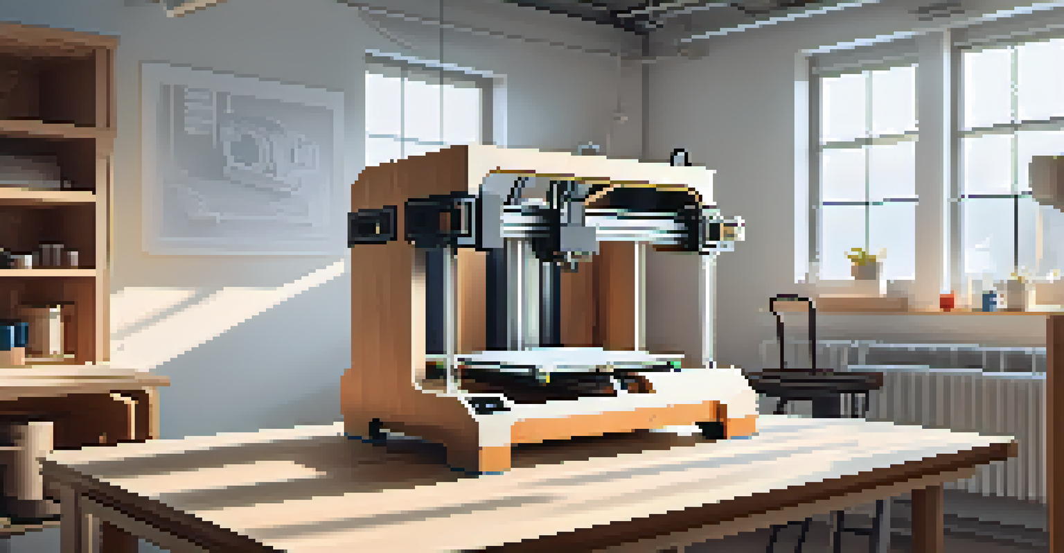 A 3D printer creating a wooden sculpture in a bright workshop, surrounded by traditional wood carving tools.