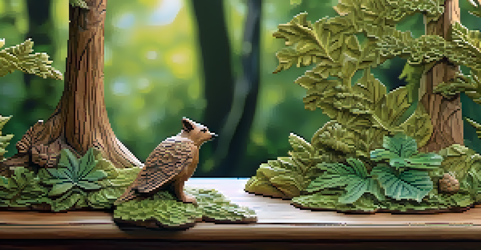 A detailed wooden sculpture of a forest scene on a rustic table with a blurred green forest in the background.