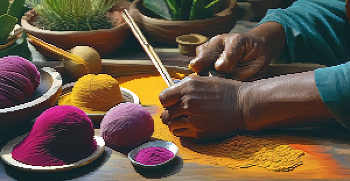 Artisan applying natural dyes to a wooden sculpture, with colorful dye sources visible around.
