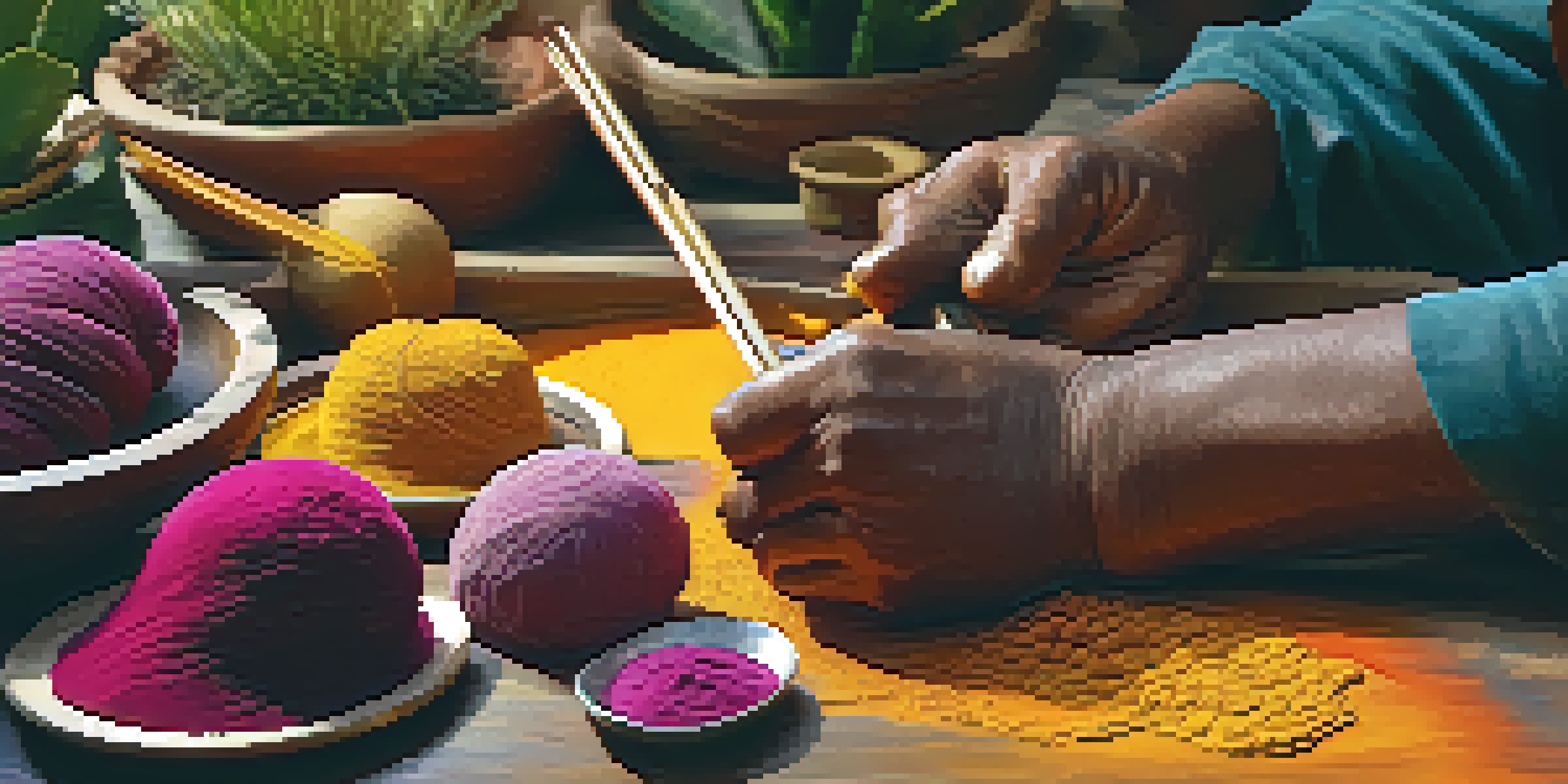 Artisan applying natural dyes to a wooden sculpture, with colorful dye sources visible around.