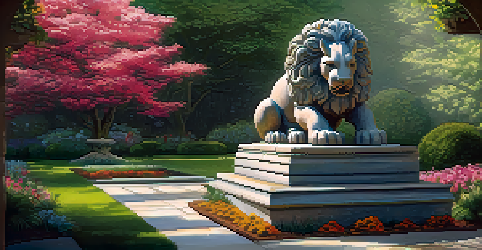 A detailed stone carving of a mythical creature in a peaceful garden, surrounded by colorful flowers and dappled sunlight.