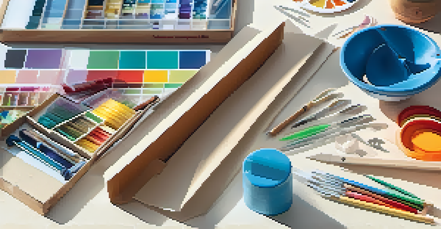 A clean crafting workspace with sharp tools and colorful materials, illuminated by natural light.
