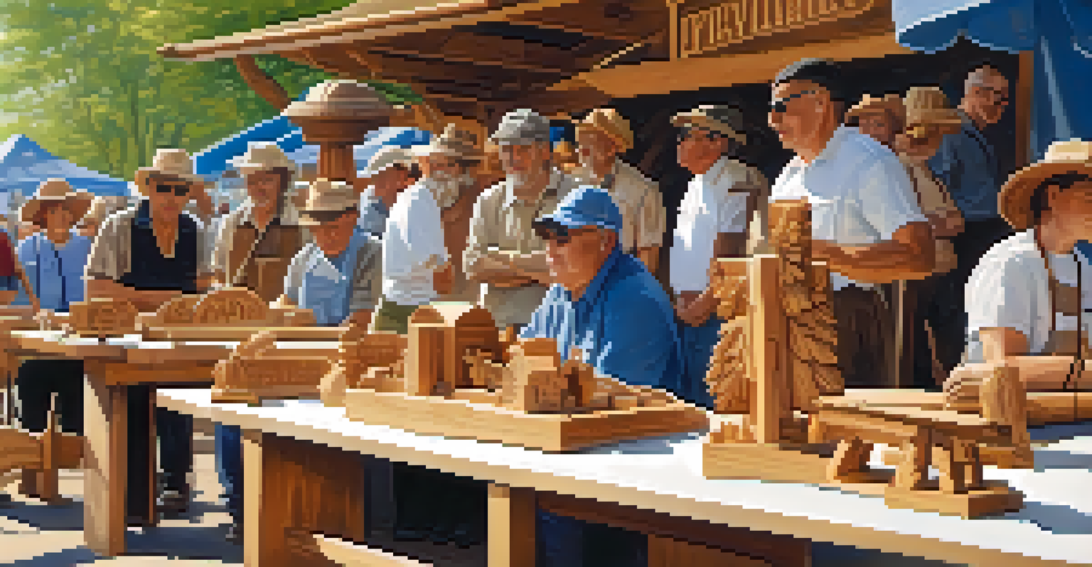 Participants displaying their wooden carvings at a woodworking competition outdoors.