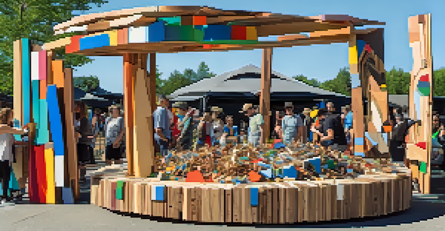 A community art event with artists collaborating on a large upcycled sculpture, showcasing a vibrant and creative atmosphere.