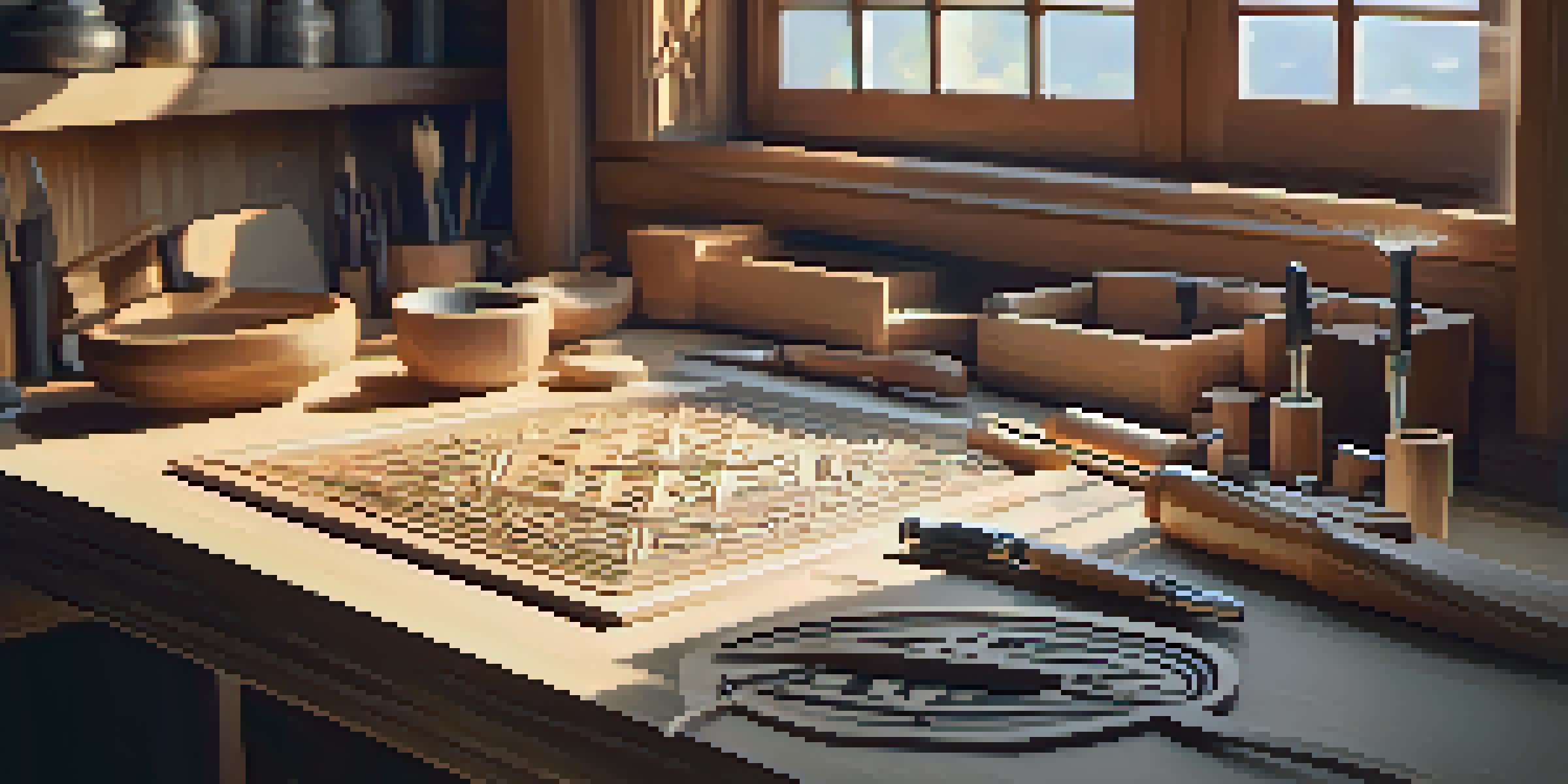 A woodworking workshop with organized tools on a wooden workbench, featuring a carved wooden piece with geometric patterns and warm lighting.