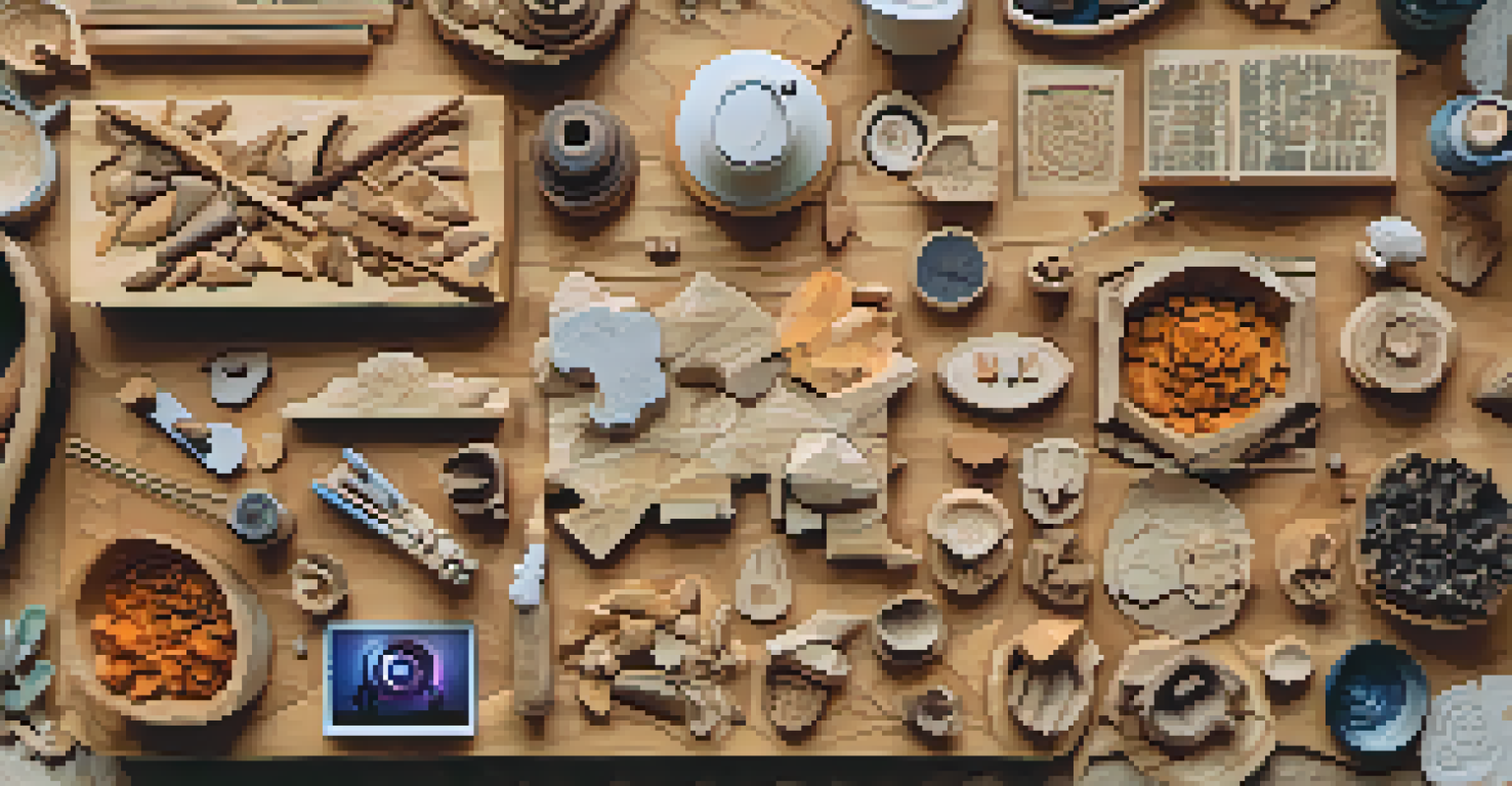 A collage of social media posts from carvers displaying their unique artworks, set against a background of carving tools.