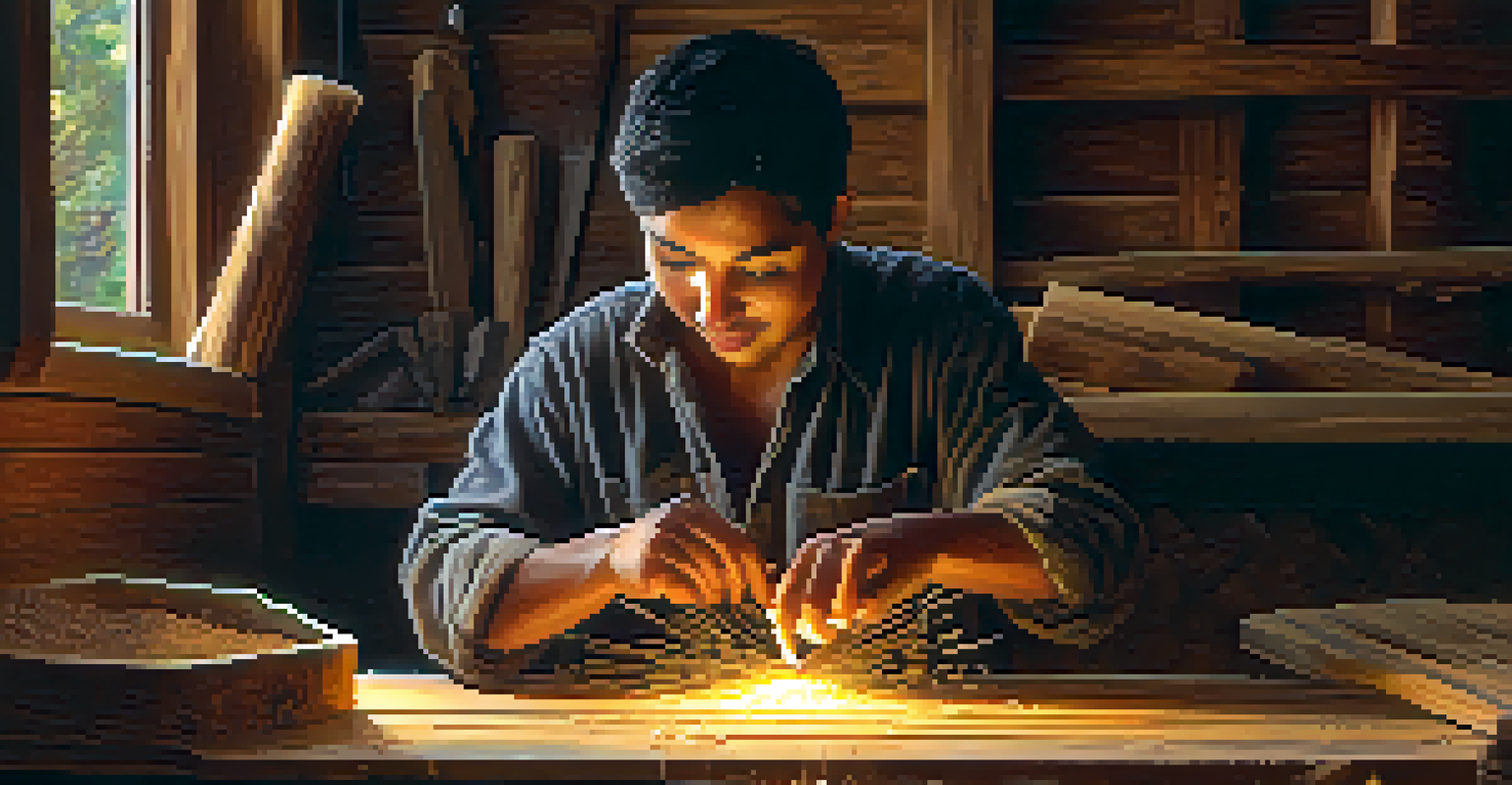 An artisan carving a reclaimed wood bowl with eco-friendly tools, surrounded by wood shavings in a warmly lit workshop.