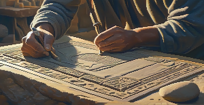 An artisan carving hieroglyphs into a stone tablet, with chisels and hammers around, illuminated by warm sunlight.