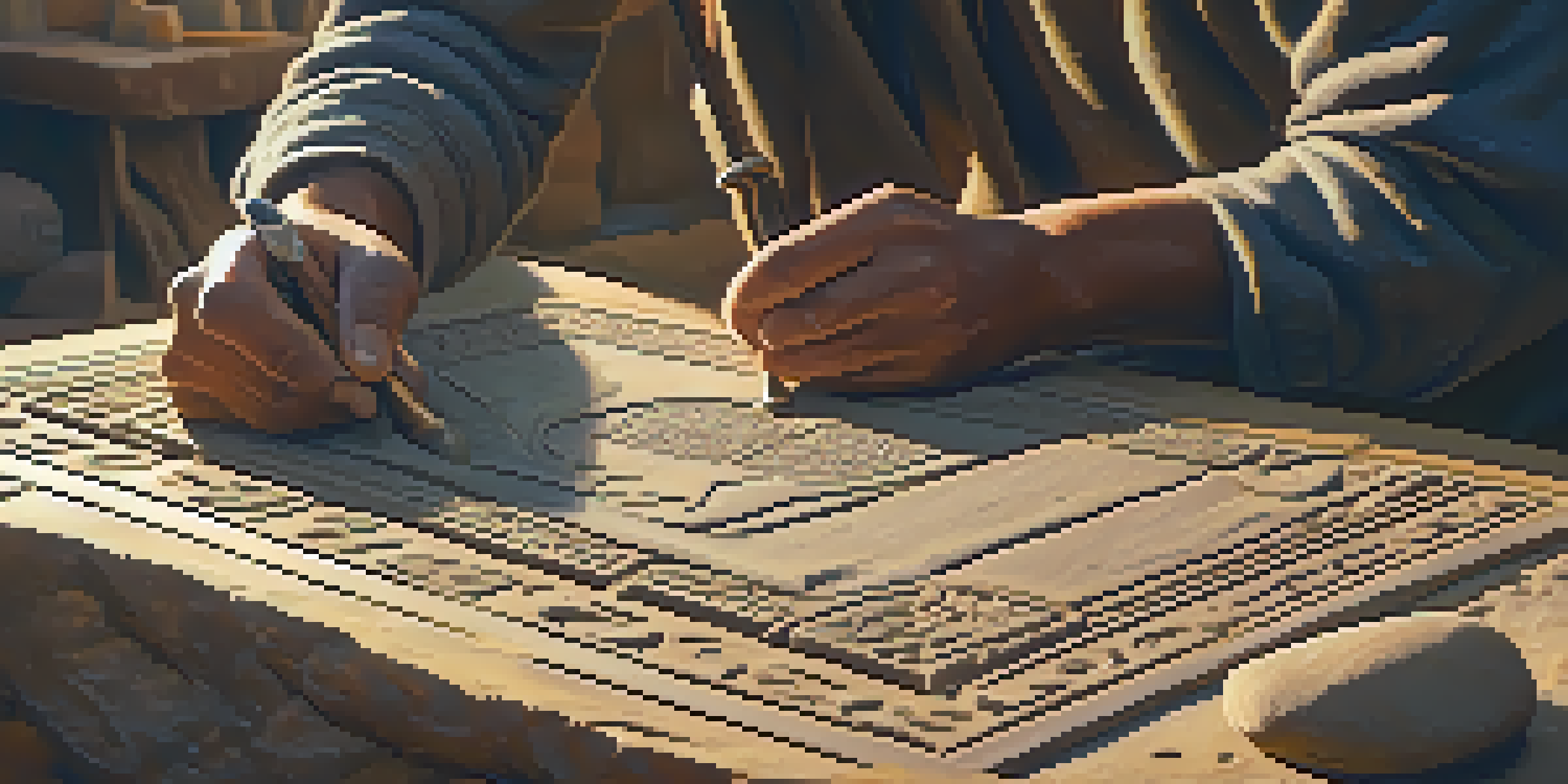 An artisan carving hieroglyphs into a stone tablet, with chisels and hammers around, illuminated by warm sunlight.