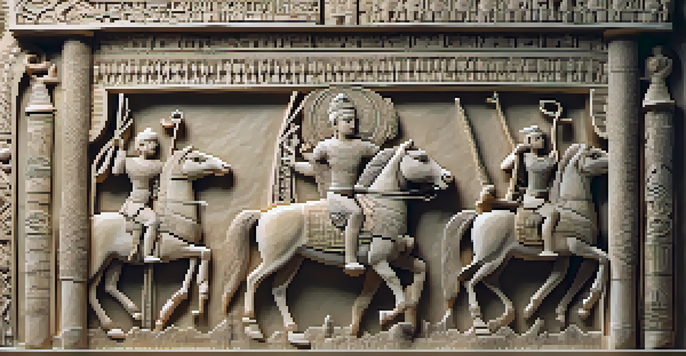 A close-up of a carved limestone relief showcasing a mythical scene with intricate figures and patterns, illuminated by soft, warm light.