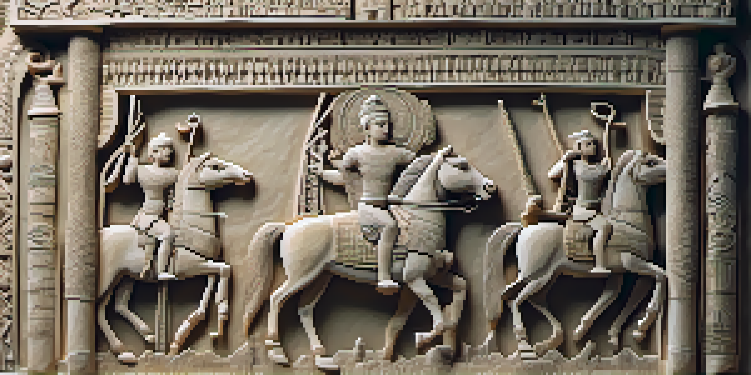 A close-up of a carved limestone relief showcasing a mythical scene with intricate figures and patterns, illuminated by soft, warm light.