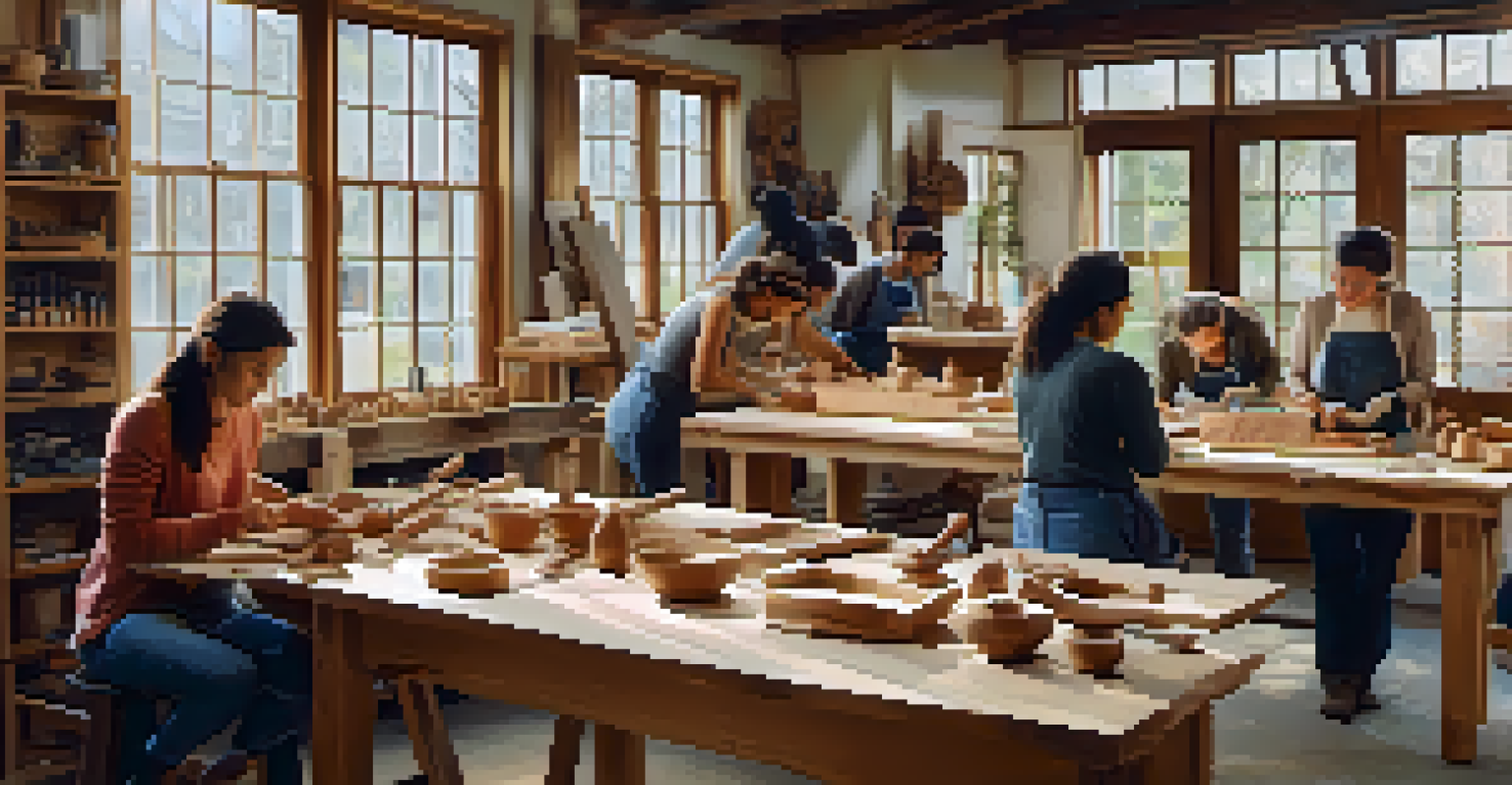 A group of women engaged in a carving workshop, working on wooden projects with tools around them.