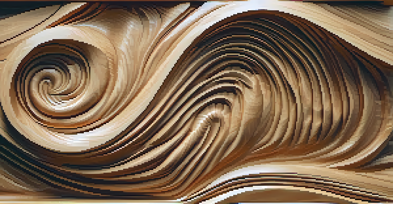 A close-up view of a beautifully carved wooden sculpture with wave-like patterns on a pedestal.