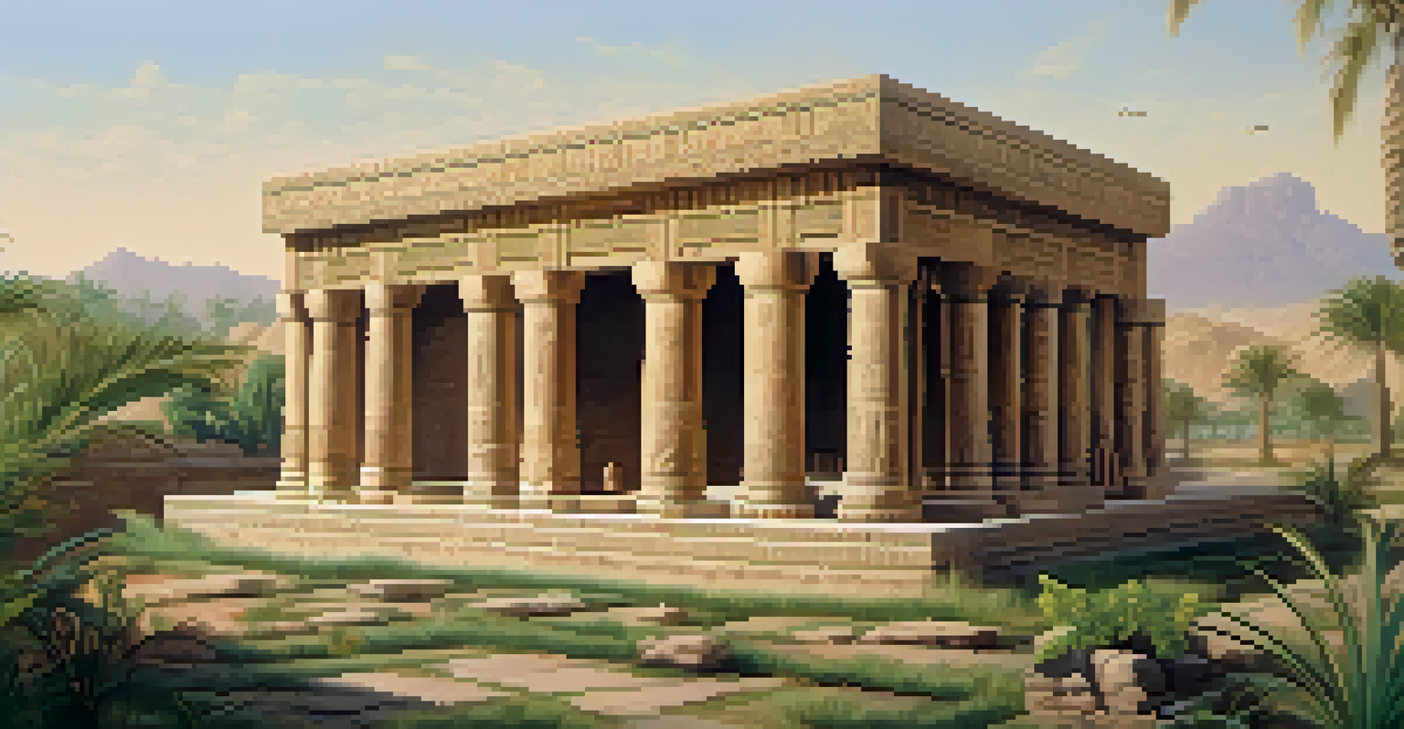 A Mesopotamian temple with carved reliefs of deities and agriculture, surrounded by greenery.
