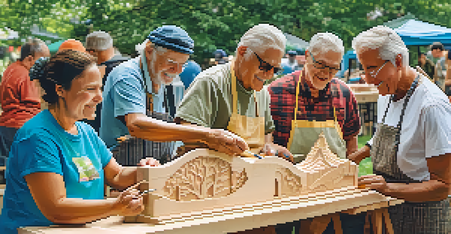 A community carving event outdoors, with artisans collaborating and colorful carvings visible.