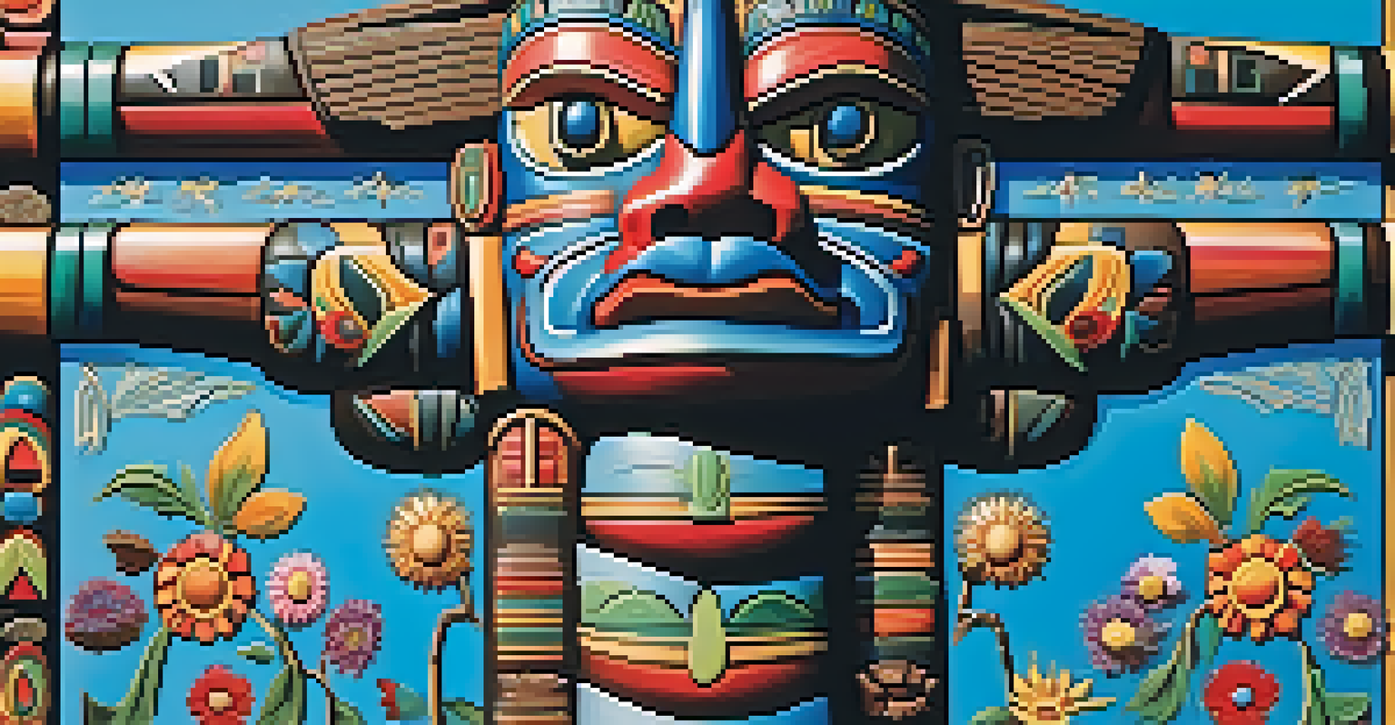 A colorful and intricately carved totem pole against a blue sky, showcasing the detailed figures and symbols.