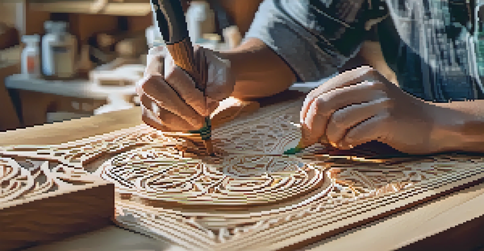 An artisan wearing augmented reality glasses carving a wooden block, with digital instructions visible.