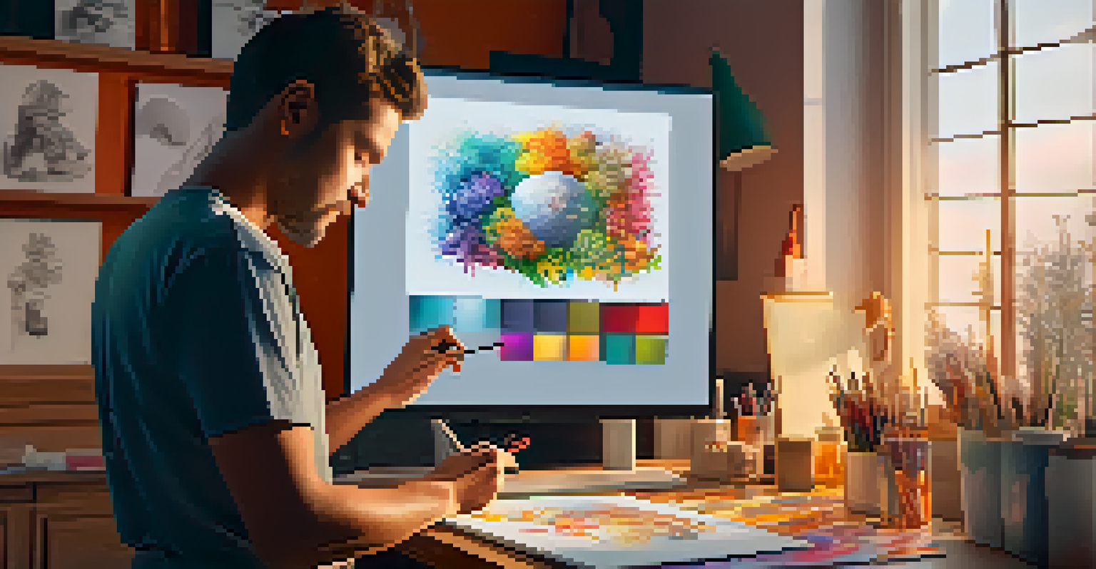 An artist working on digital designs in a colorful, modern studio with digital screens.