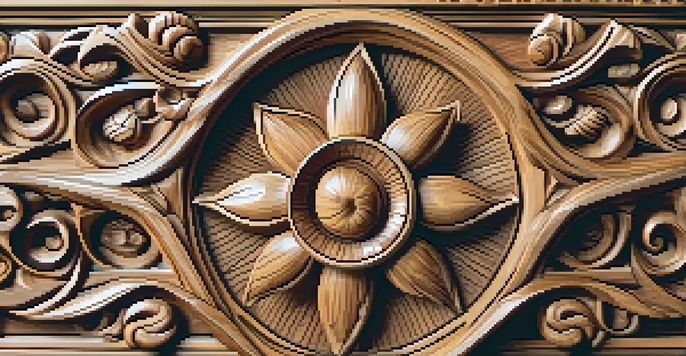 Close-up of a wood carving featuring a floral design, with intricate details and textures illuminated by soft natural light.