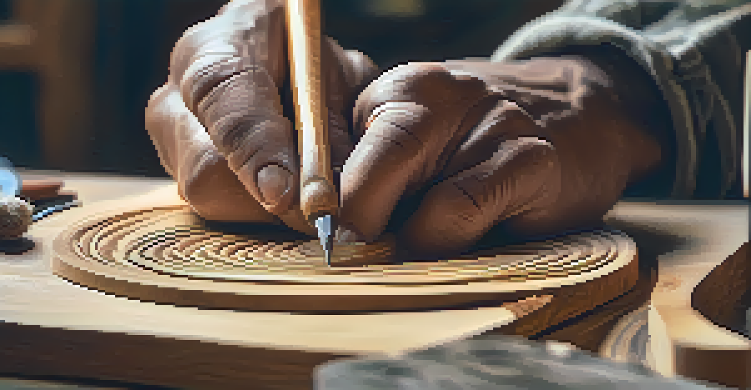 A close-up of hands carving wood, highlighting the tools and wood grain in a warmly lit workspace.