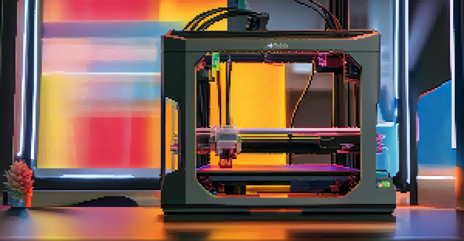 A 3D printer is creating a colorful sculpture, with the CAD design visible on the computer screen behind it.