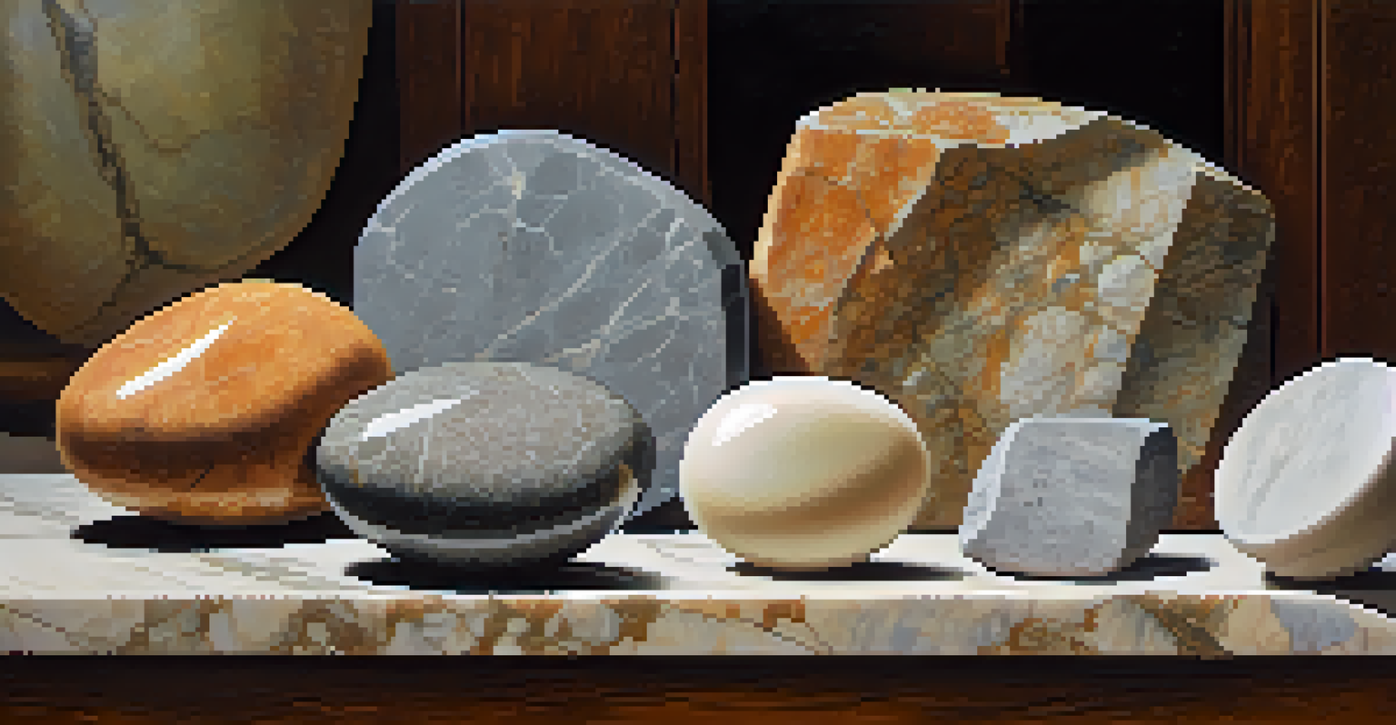 Different types of stone displayed on a wooden table in a stone carving workshop.