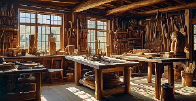 A woodworking workshop with sunlight highlighting hand-carved wooden sculptures and tools, focusing on an artisan's hands carving wood.