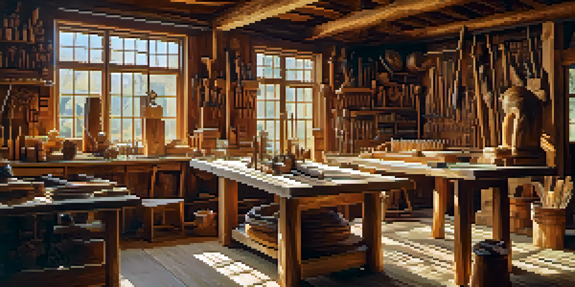 A woodworking workshop with sunlight highlighting hand-carved wooden sculptures and tools, focusing on an artisan's hands carving wood.
