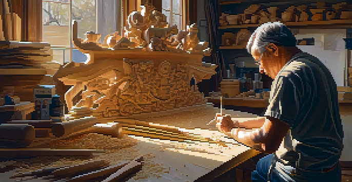 An artist carving a wooden sculpture with tools in a sunlit workshop, surrounded by wood shavings.