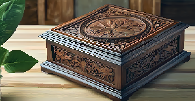A carved wooden keepsake box with floral designs, slightly open to reveal velvet lining, on a rustic wooden table.
