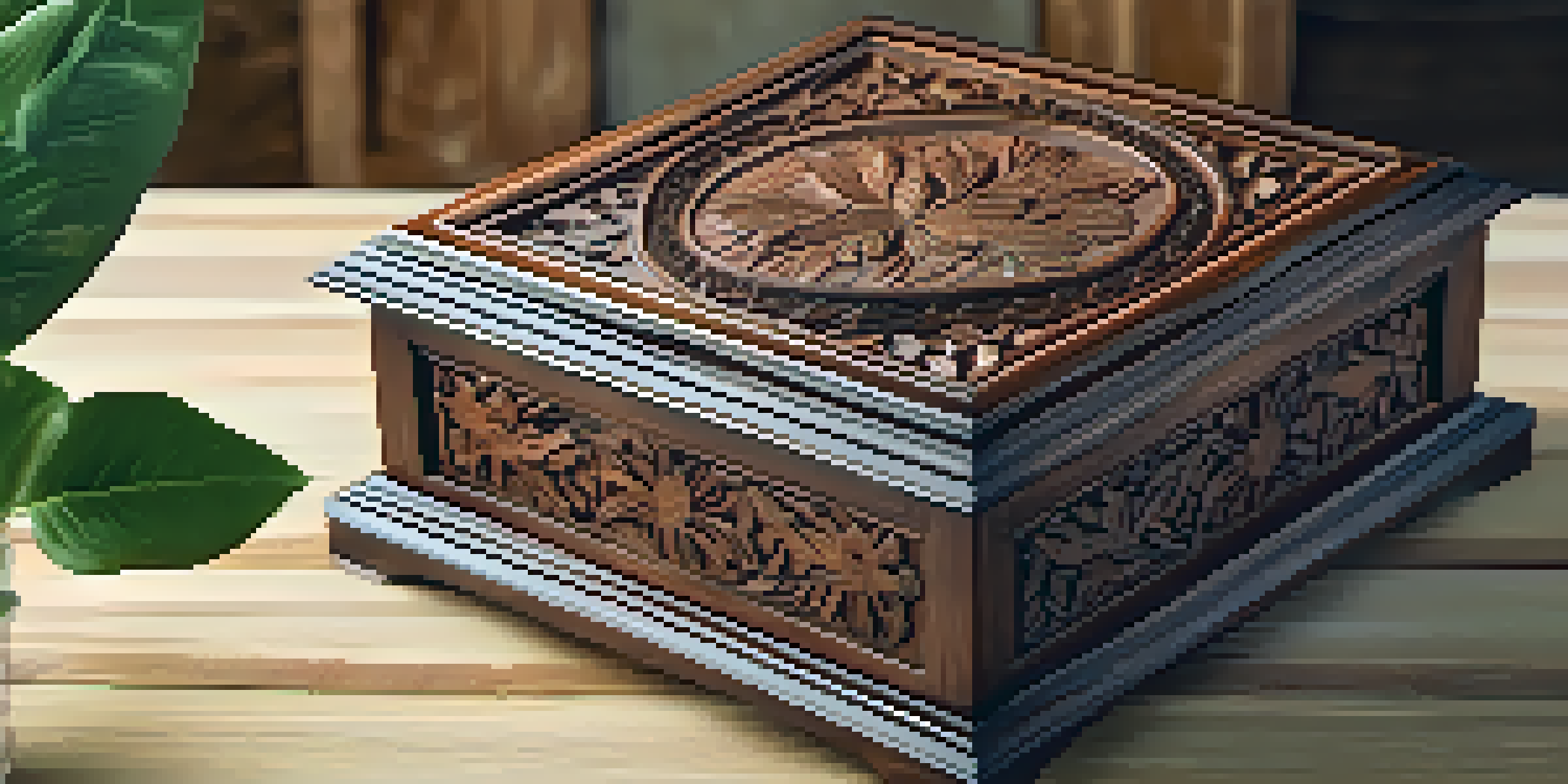 A carved wooden keepsake box with floral designs, slightly open to reveal velvet lining, on a rustic wooden table.