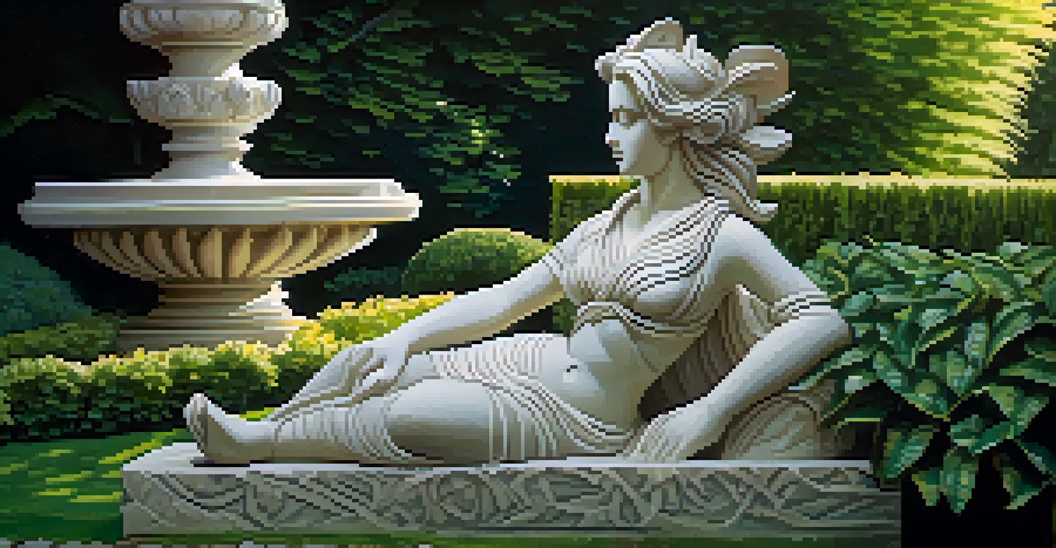 A beautifully carved stone sculpture in a garden, surrounded by greenery and illuminated by dappled sunlight.
