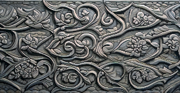 A detailed view of a carved stone surface showing intricate patterns and textures in gray and earthy tones, softly illuminated.