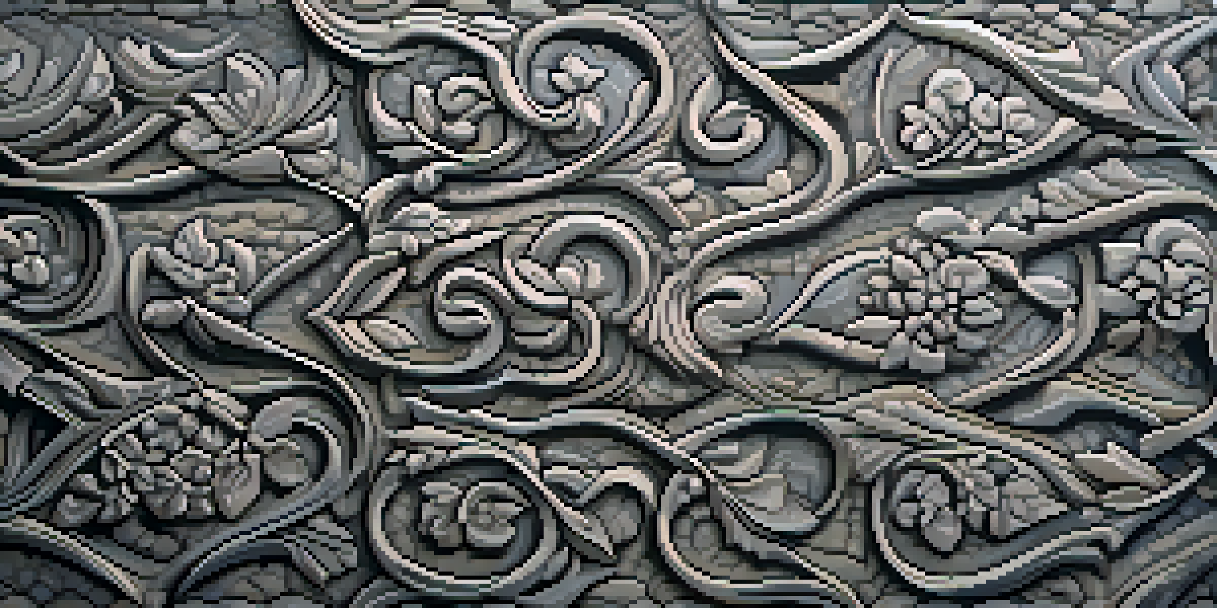 A detailed view of a carved stone surface showing intricate patterns and textures in gray and earthy tones, softly illuminated.