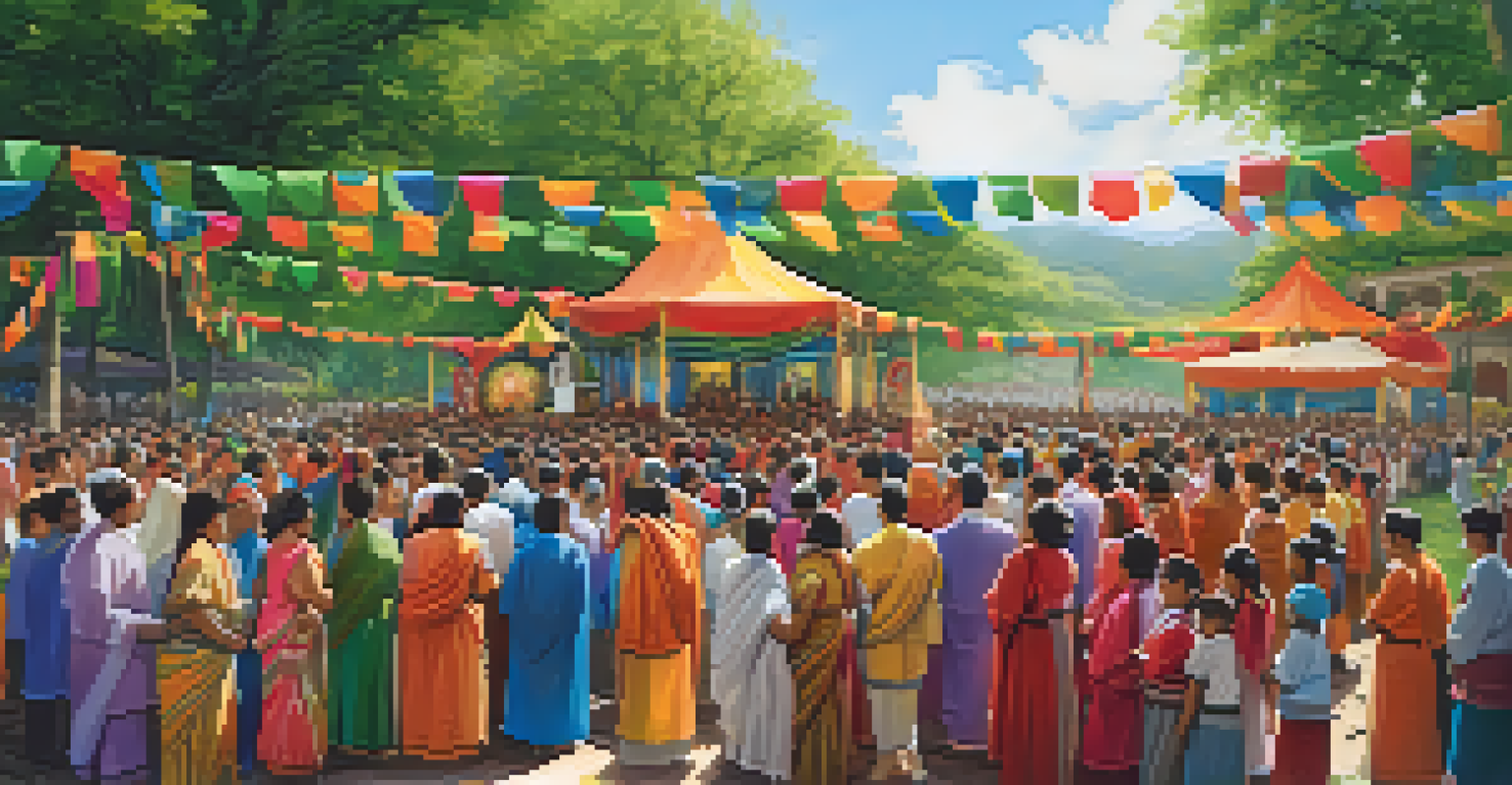 A community gathering celebrating the unveiling of a spiritual sculpture, with people in traditional attire and festive decorations.