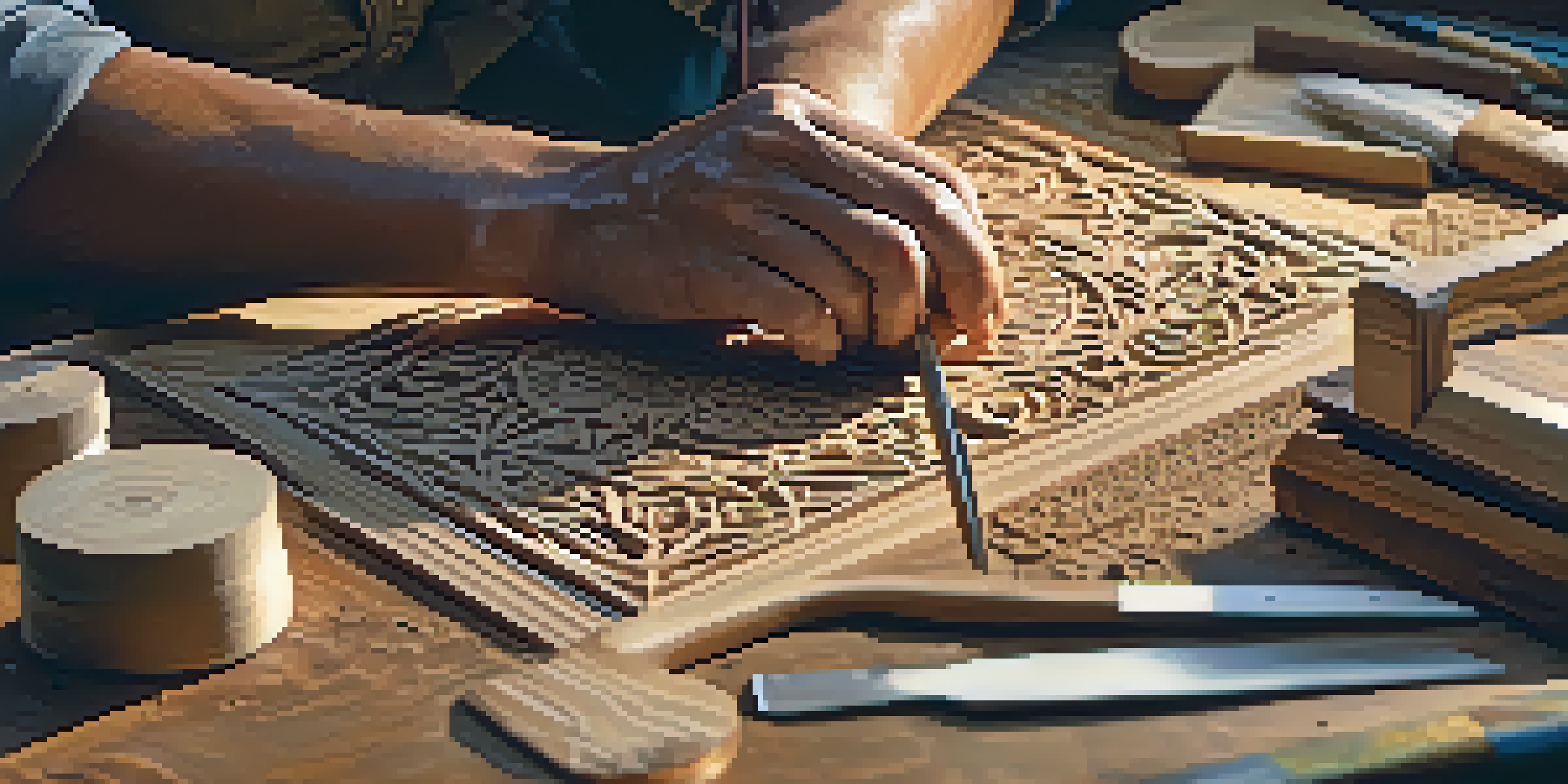 A close-up of an artisan's hands carving wood with intricate designs, surrounded by wood shavings and tools, under warm light.