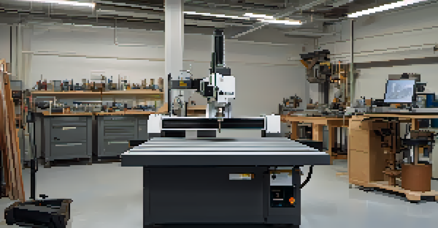A modern restoration lab with a CNC machine and a wooden artifact being restored.