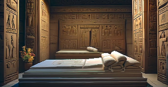 An ancient Egyptian tomb interior with carved limestone walls, hieroglyphics, and a stone sarcophagus surrounded by offerings.