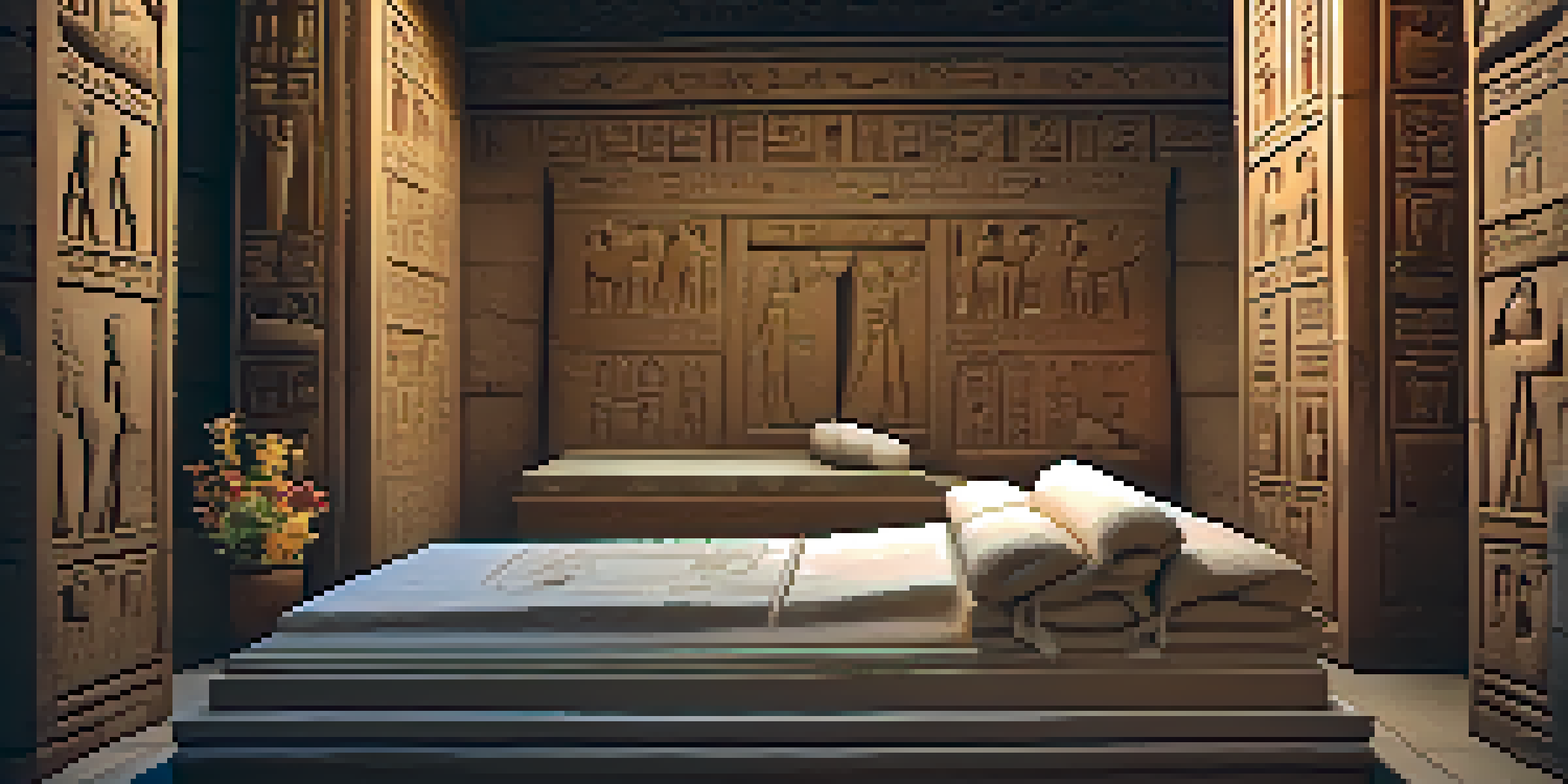 An ancient Egyptian tomb interior with carved limestone walls, hieroglyphics, and a stone sarcophagus surrounded by offerings.