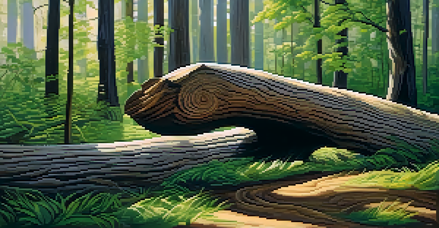 A beautifully carved tree trunk in a forest, shaped like a wave, surrounded by lush greenery.