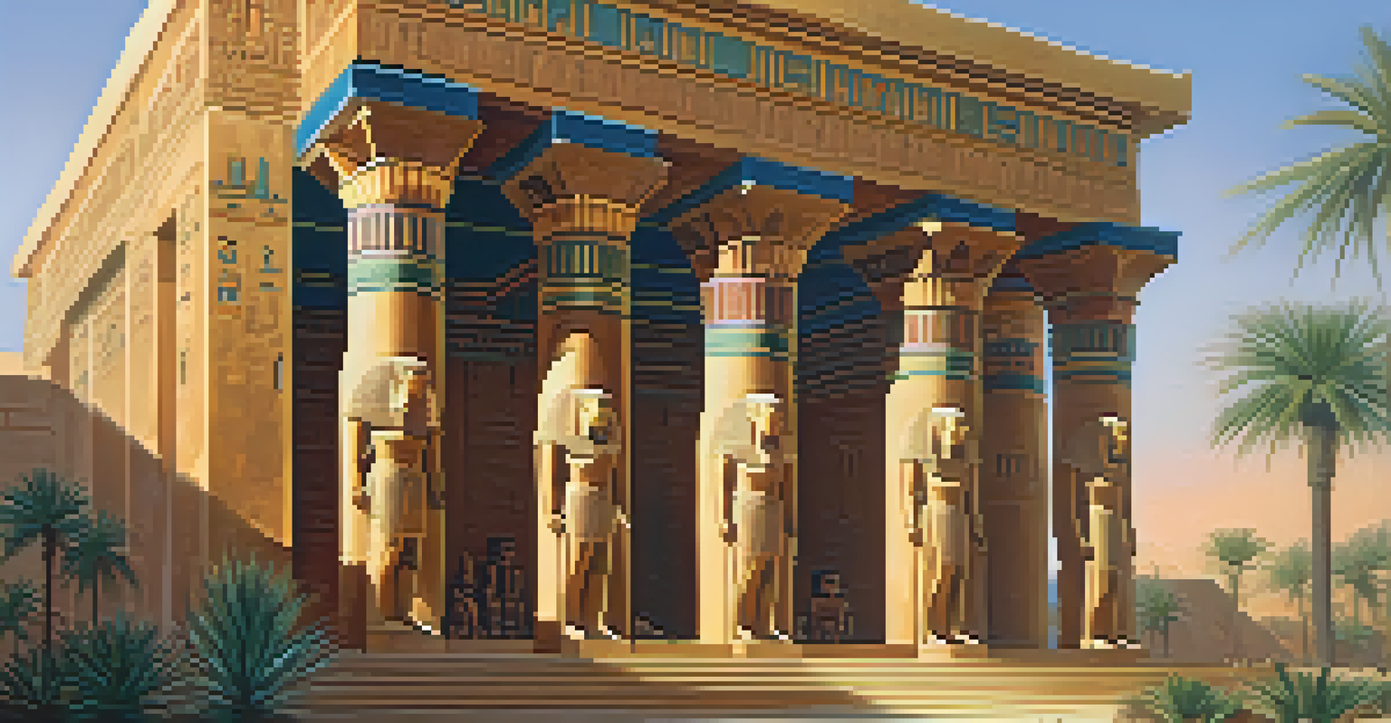 An ancient Egyptian temple with intricate carvings in golden sunset light, surrounded by palm trees.