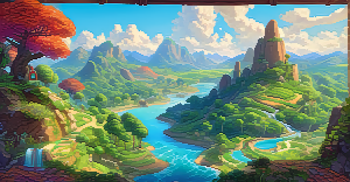 A colorful indie game landscape with green hills, a blue river, and characters exploring the vibrant environment.
