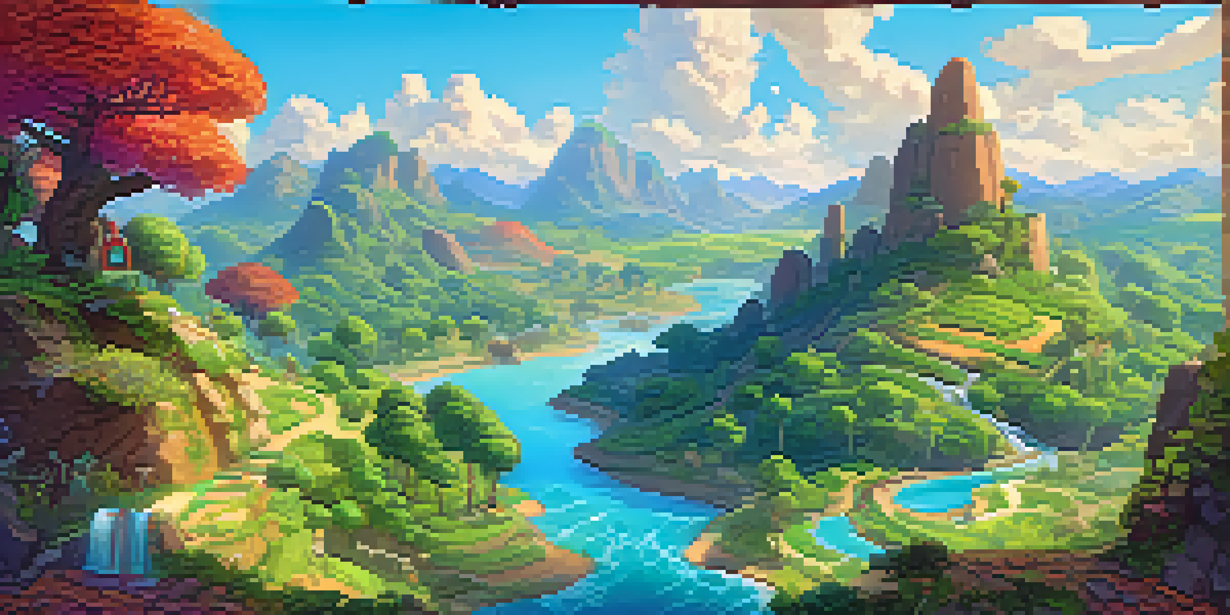 A colorful indie game landscape with green hills, a blue river, and characters exploring the vibrant environment.