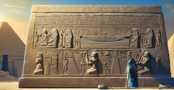 An ancient Egyptian artisan carving a limestone block under the warm light of the sunset, with chisels and hieroglyphs visible.